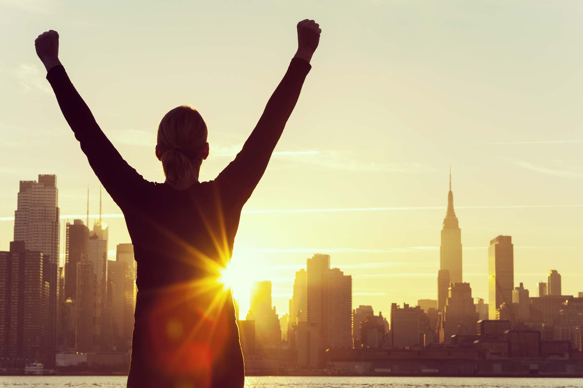 Successful Woman Sunrise New York City Skyline